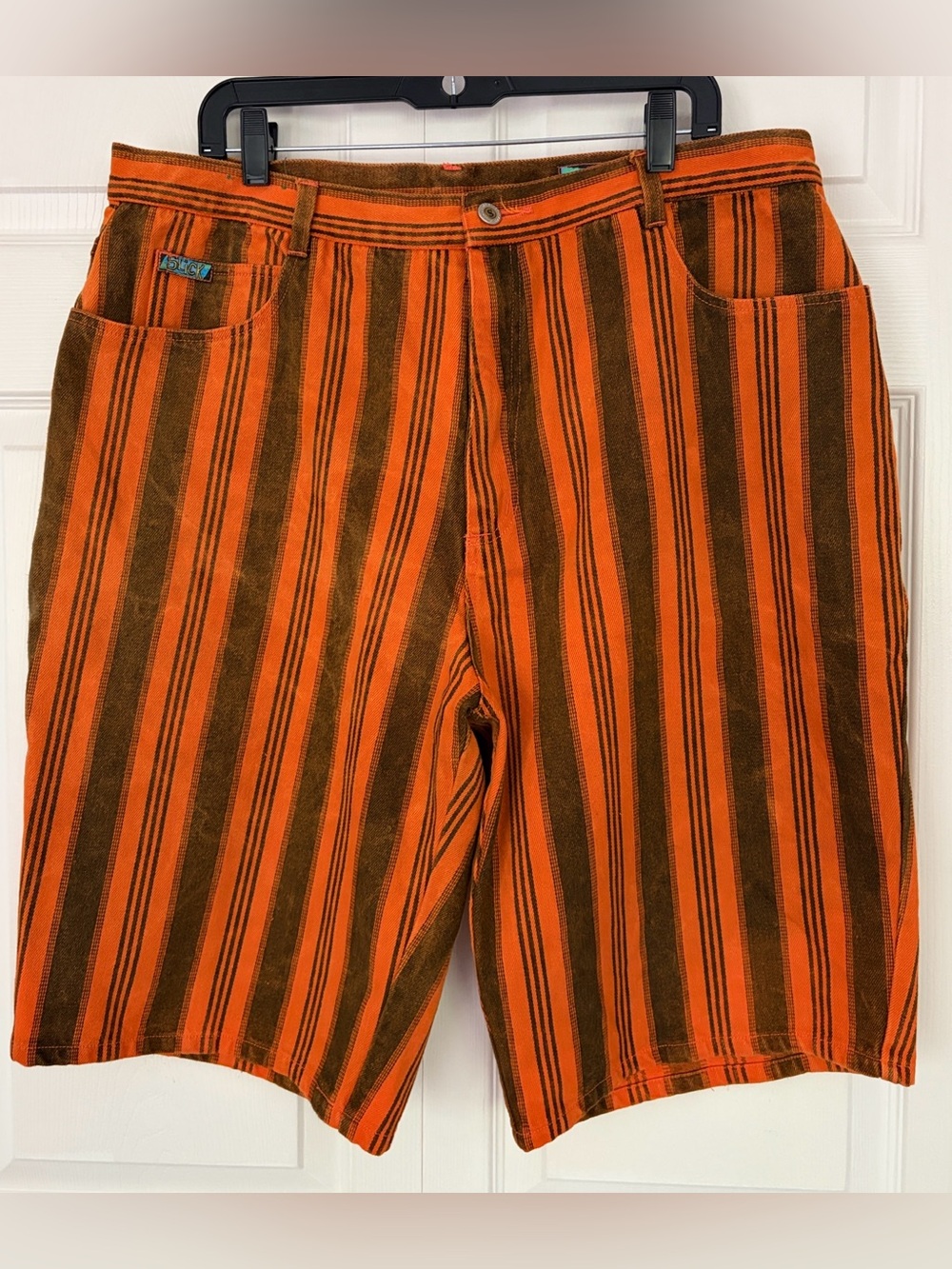 Vintage 1990's SLICK Jeans Shorts Orange Denim Striped Jeans Rare size 40